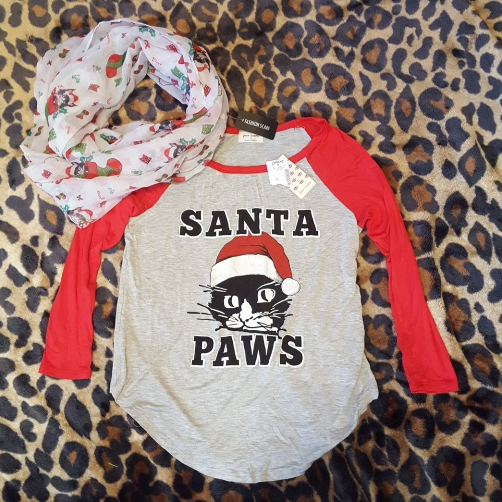 NWT Girl's Kitty Christmas Shirt & Scarf